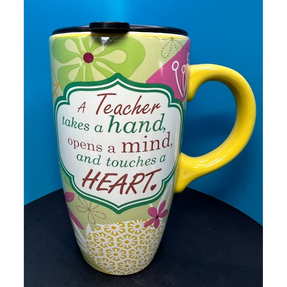 Living Quarters Ceramic Teacher's Mug Large with Lid Travel Gift 6" Unused Tea